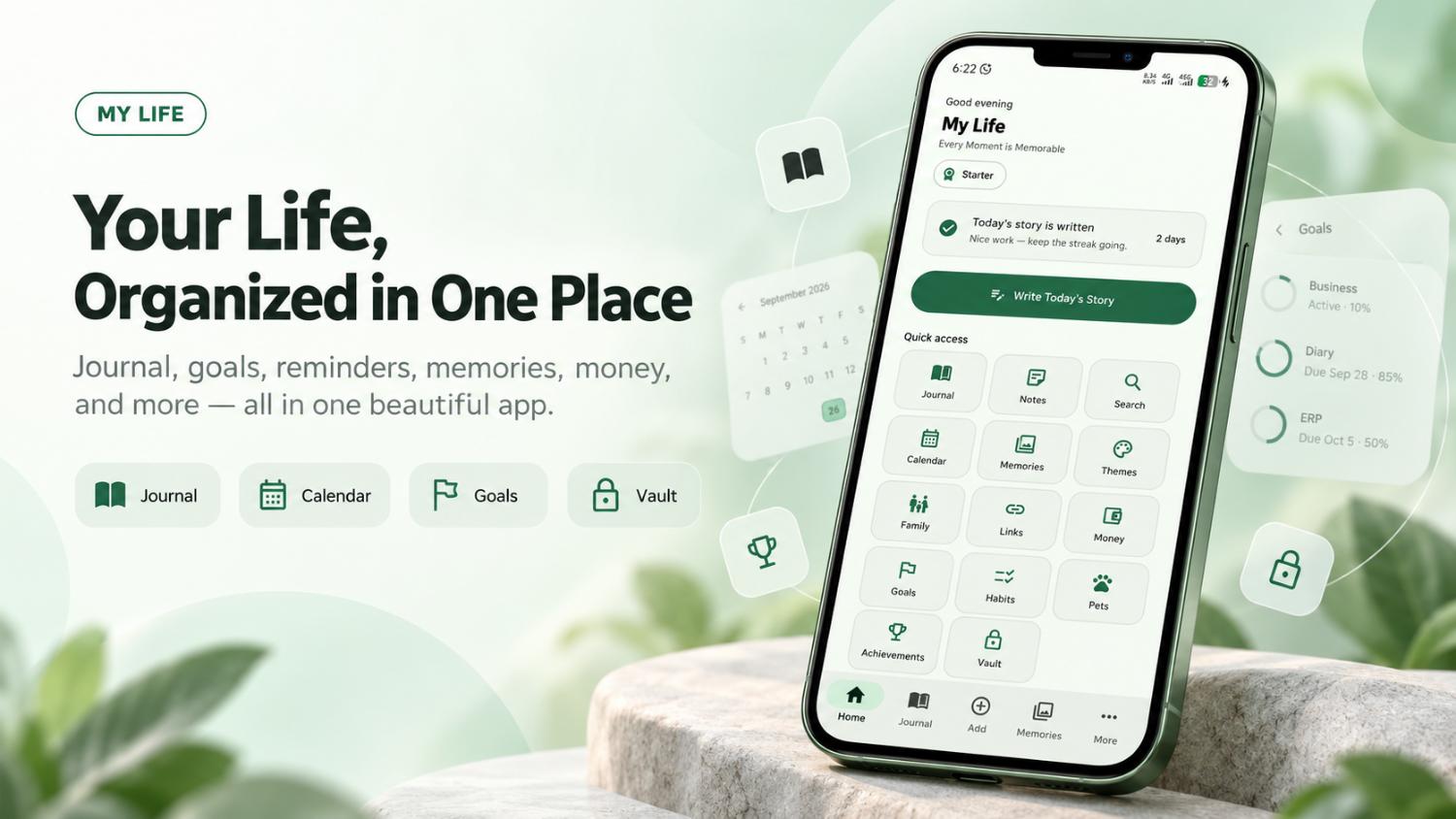 My Life app — journal, goals, reminders and vault on one home screen